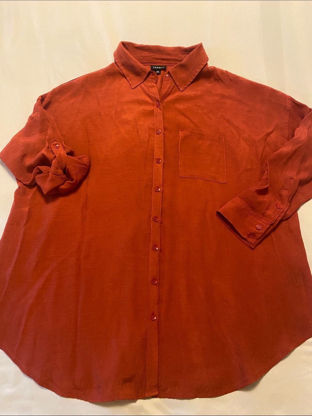 torrid Rust-Colored Casual Button-Down Shirt with adjustable 3/4 Sleeves